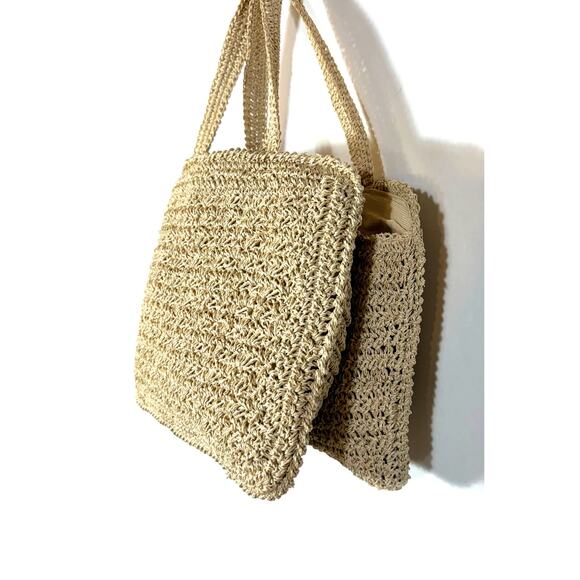 Vintage Crochet Purse Handbag Tan Retro Japan Lined Natural Handmade Two Section - Picture 11 of 11